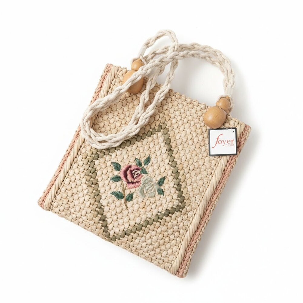 Vintage Woven Straw Shoulder Bag Floral Embroidery Rope Strap Lined Zipper Tote - Picture 2 of 8
